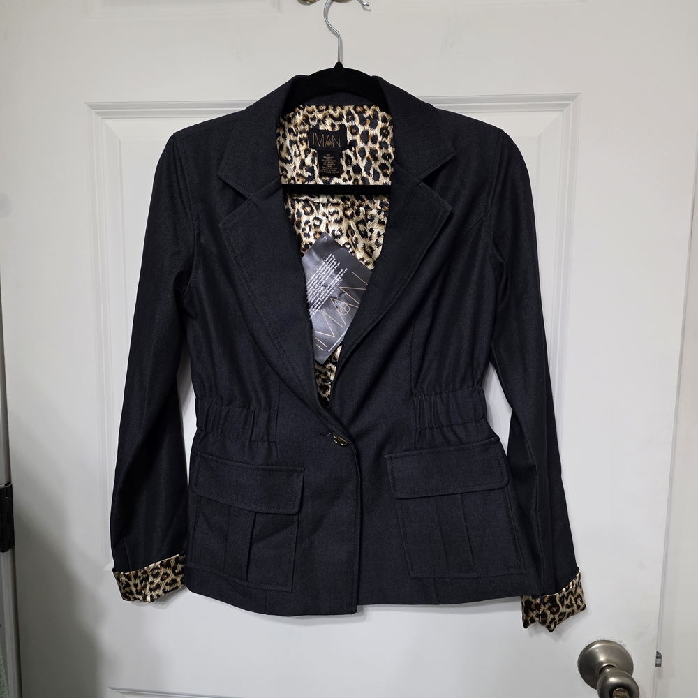 IMAN Dark Blue Blazer with Animal Print Accents - Picture 2 of 3